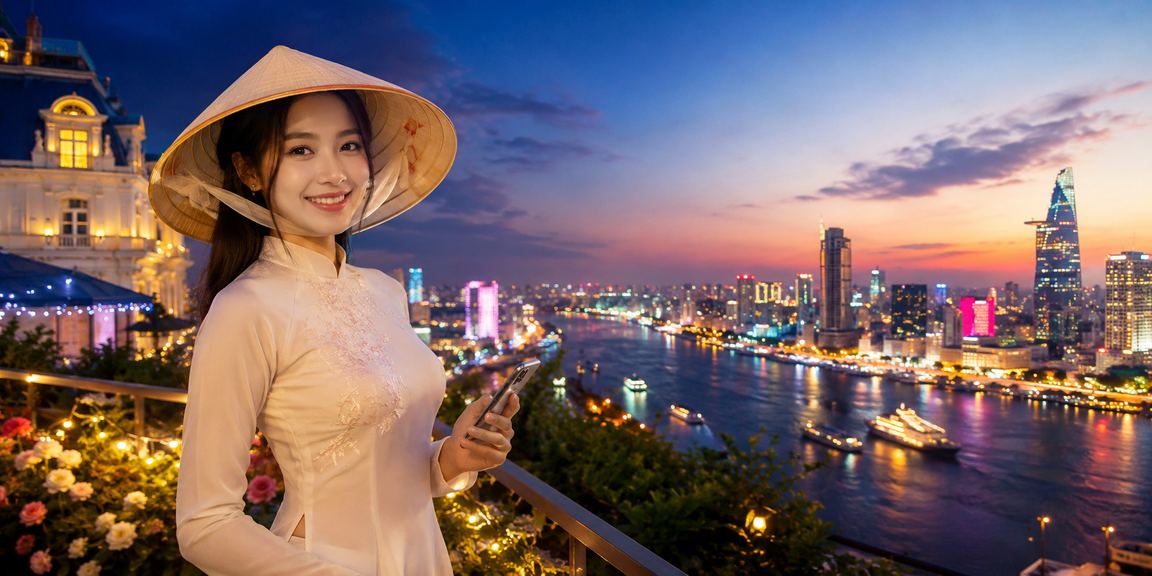 Phụ nữ đội nón lá tại Sài Gòn sử dụng điện thoại một cách có trách nhiệm